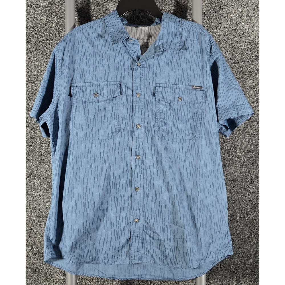 Eddie Bauer Mens XL Classic Fit Blue Dash Pattern Short Sleeve Button Down Shirt
